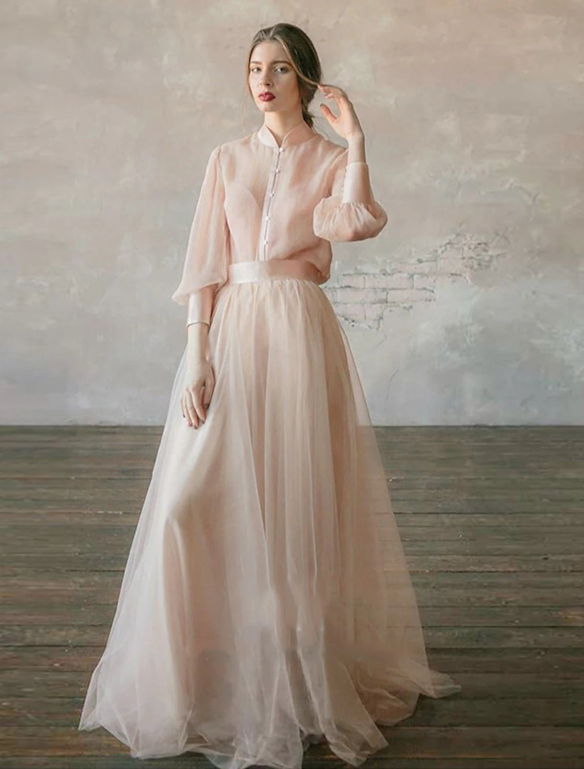 Wholesale  Two Piece Empire Minimalist Wedding Guest Formal Evening Birthday Dress Stand Collar Long Sleeve Floor Length Chiffon with Tier